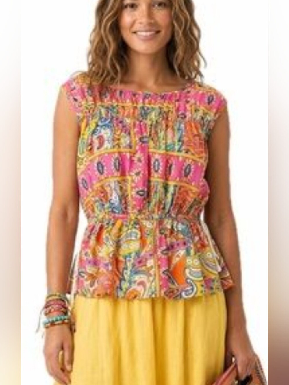 Rachel Zoe Bohemian Pink Paisley Smocked Waist Peplum Top Sz Med.